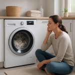 Front-loading washing machine finishing cycle in bright tidy laundry room