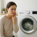 Front-load washing machine running while person winces nearby