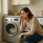 Front-loading washing machine running while homeowner listens, calm laundry room