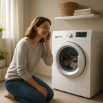 Front-load washing machine in modern laundry, person pauses listening nearby