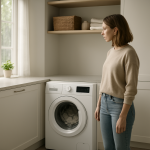 Front-load washing machine in modern laundry, person standing nearby listening