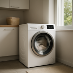 Front-load washing machine gently vibrating during balance cycle with nearby laundry.