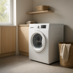 Front-load washing machine in bright laundry room after a sudden thud