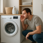 Front-load washing machine running while person listens nearby, tidy room