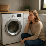 Front-load washing machine in modern laundry, owner listening nearby