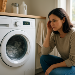 Front-load washing machine running while homeowner listens with subtle concern