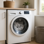 Front-load washing machine spinning, subtle motion of clothes visible through glass
