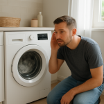 Front-load washing machine running while homeowner listens nearby