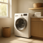 Front-load washing machine in bright laundry room, slight vibration visible