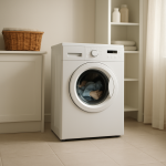 Front-loading washer with few garments, laundry basket, calm room