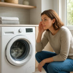 Front-loading washing machine in modern laundry room; person listening