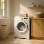 Front-load washing machine in modern laundry room gently vibrating during cycle
