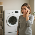 Front-load dryer in modern laundry room, person slightly covering ear