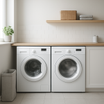 Front-load dryer slightly leaning, clothes basket nearby in bright laundry room