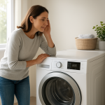 Modern dryer in bright laundry room; homeowner pauses, listening closely.