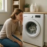 Front-load washing machine in tidy laundry room, person listening