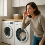 Front-loading dryer in modern laundry room, person listening nearby