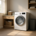 Front-load dryer slightly vibrating in modern bright laundry room