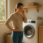 Modern dryer in bright laundry room; person listening attentively