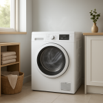 Front-load dryer in bright laundry room, clothes basket nearby