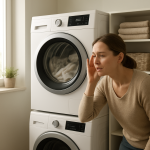 Front-load dryer running in modern laundry room, person listening nearby