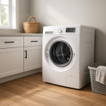 Front-loading dryer slightly tilted on hardwood floor in bright laundry room
