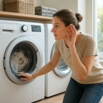 Modern dryer running in bright laundry room; person listening nearby