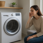 Front-load dryer in bright laundry room with homeowner listening.