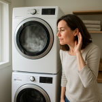 Modern dryer running in tidy laundry room with person listening nearby