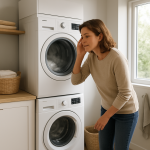 Front-loading dryer running in bright clean laundry room, homeowner listening