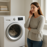 Front-load dryer in clean laundry room, person pausing to listen