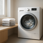 Modern front-load dryer in bright laundry room with folded towels nearby