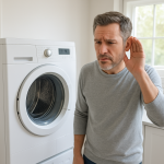 Modern dryer in clean laundry; person listening nearby, concerned