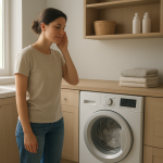 Front-load dryer running in clean modern laundry room, person listening.